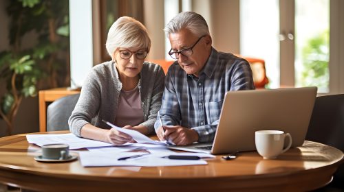 An elderly couple sits at a table reviewing documents together with a laptop and coffee mugs nearby.