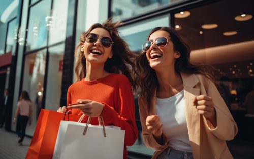 Two women walking outside a store, laughing and holding shopping bags. Both are wearing sunglasses and casual outfits.