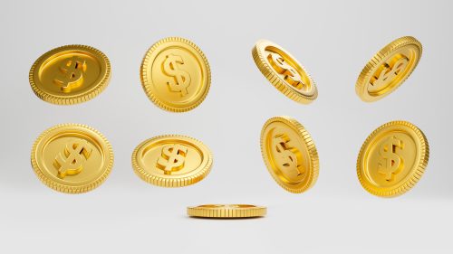 A collection of eight gold coins with dollar signs on them, displayed at different angles, floating against a plain white background.