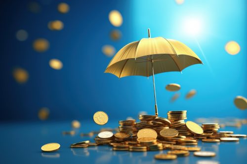 A pile of gold coins is sheltered by a golden umbrella, with more coins falling from above against a blue background.